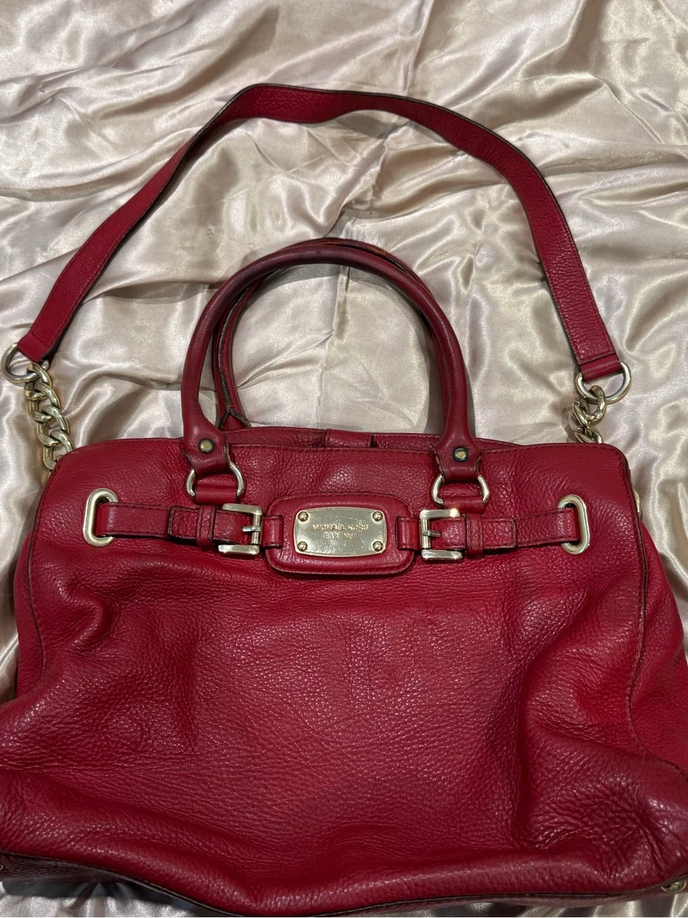 Michael Kors Hamilton Red Pebbled Leather Tote Satchel with Gold Plate